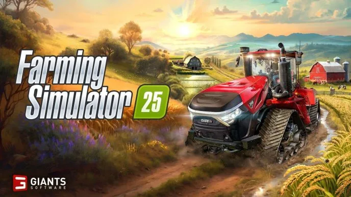 Farming Simulator 25 - Couverture officielle avec tracteur Case IH dans un champ de blé au coucher du soleil