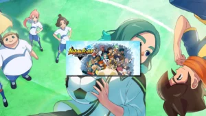 Personnages d'INAZUMA ELEVEN Victory Road sur terrain de football avec logo du jeu développé par Level-5