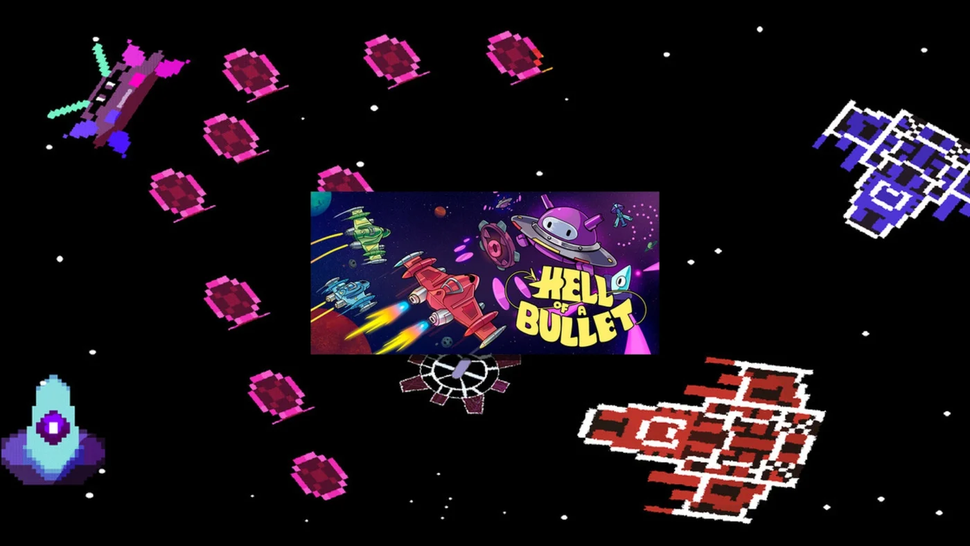 Illustration du jeu Hell of a Bullet, vaisseaux spatiaux colorés et projectiles pixel art dans un bullet hell multijoueur