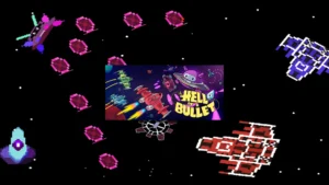 Illustration du jeu Hell of a Bullet, vaisseaux spatiaux colorés et projectiles pixel art dans un bullet hell multijoueur