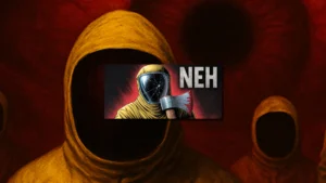 Illustration du jeu d’horreur NEH avec personnage en combinaison jaune et hache sanglante devant maison infinie sombre