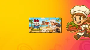 Illustration Solo Chef Simulator, chef cartoon souriant portant des légumes, plage tropicale, cuisine chaotique et logo du jeu sur fond jaune orangé