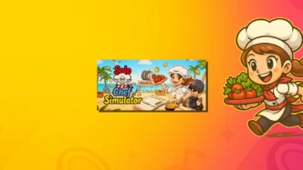 Illustration Solo Chef Simulator, chef cartoon souriant portant des légumes, plage tropicale, cuisine chaotique et logo du jeu sur fond jaune orangé