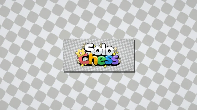 Logo coloré du jeu Solo Chess avec pièces d’échecs stylisées sur fond à damier gris