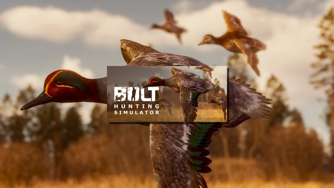 Volée de canards colverts en vol dans BULT Hunting Simulator avec logo du jeu, simulation de chasse au gibier d'eau réaliste