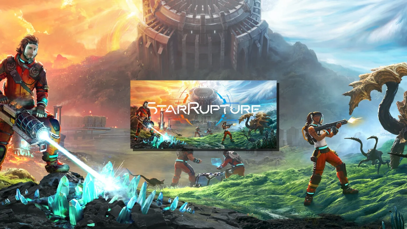 Image promotionnelle de StarRupture montrant des joueurs en coopération explorant un biome luxuriant, combattant des aliens avec des armes futuristes et récoltant des cristaux, avec une immense structure mystérieuse en arrière-plan.