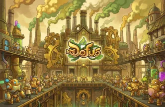 Illustration d'une usine steampunk remplie de robots dorés autour du logo Dofus, symbolisant l'automatisation et les bots Dofus 3.