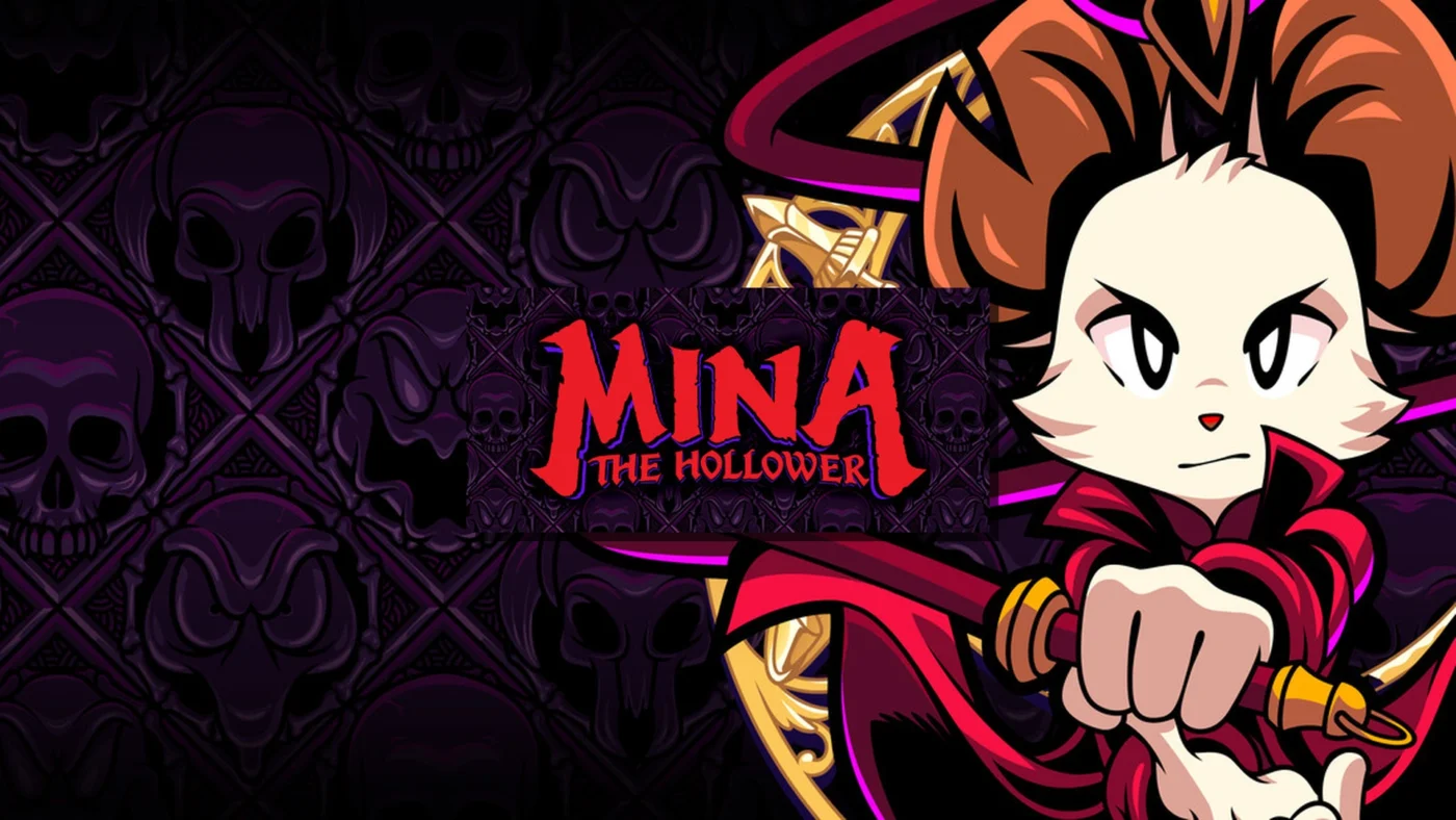 Illustration de Mina the Hollower avec l’héroïne Mina en avant-plan, fond gothique sombre et logo du jeu rétro inspiré de la Game Boy Color.
