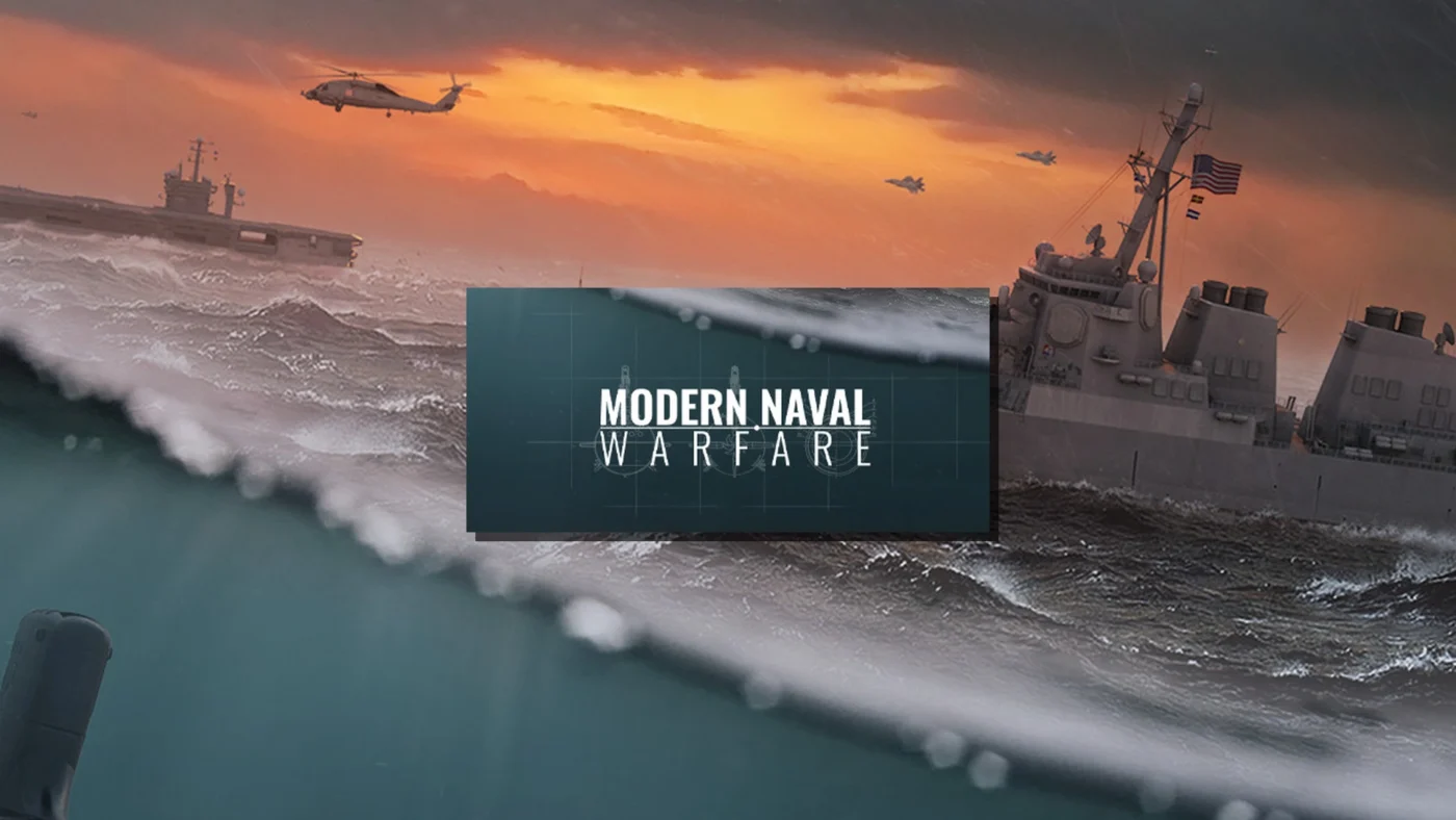 Illustration de Modern Naval Warfare montrant un sous-marin, un navire de guerre, des hélicoptères et des avions de combat en pleine opération navale.
