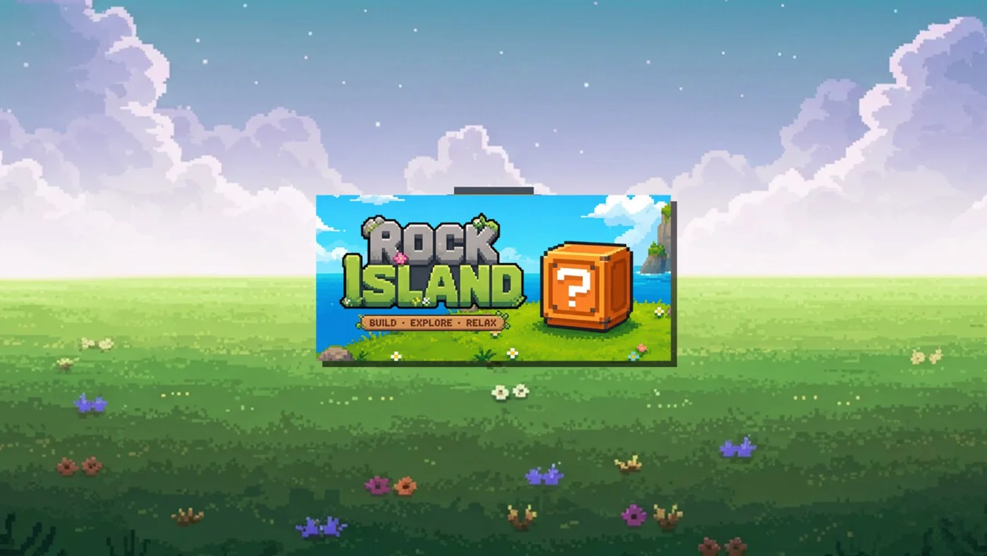 Capture d’écran de Rock Island, jeu idle stratégique sur Steam, montrant le logo, un cube mystérieux et une ambiance pixel art colorée.