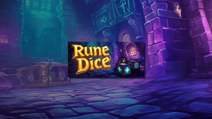 Rune Dice, le roguelike deckbuilder à dés de Smart Raven Studio, avec son logo doré et deux dés magiques lumineux sur fond de donjon violet