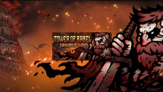 Illustration officielle de Tower of Babel: Survivors of Chaos montrant un héros face à la Tour de Babel dans une ambiance dark fantasy rougeoyante.