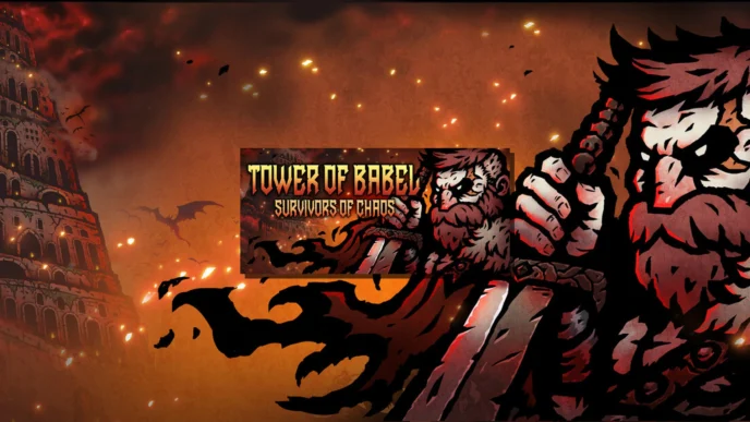 Illustration officielle de Tower of Babel: Survivors of Chaos montrant un héros face à la Tour de Babel dans une ambiance dark fantasy rougeoyante.