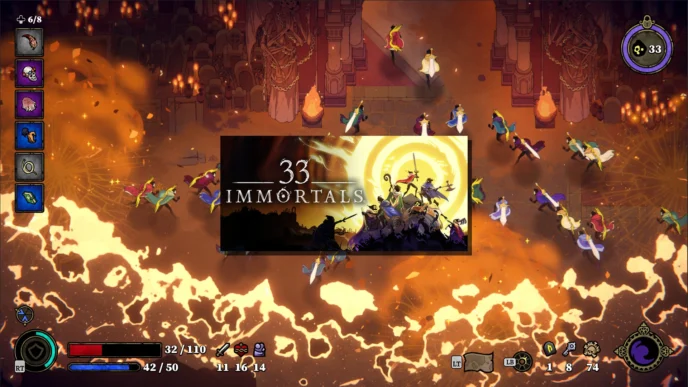 Capture d’écran de 33 Immortals montrant un raid coopératif à 33 joueurs dans un décor infernal en 2D dessinée, avec l’interface de jeu, les sorts et le logo officiel du roguelike.
