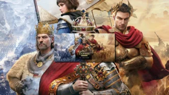 Artwork officiel d'Age of Empires Mobile PC Edition montrant trois héros épiques en armure médiévale — un roi couronné, une guerrière et un général romain — sur fond de champs de bataille, avec le logo du jeu au centre.