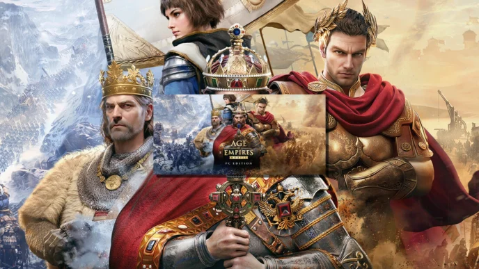 Artwork officiel d'Age of Empires Mobile PC Edition montrant trois héros épiques en armure médiévale — un roi couronné, une guerrière et un général romain — sur fond de champs de bataille, avec le logo du jeu au centre.