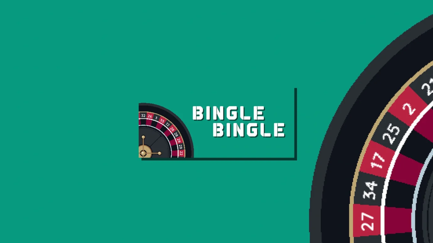 Logo officiel de Bingle Bingle, roguelike de construction de roulette sur Steam, avec une roue de roulette en pixel art sur fond vert