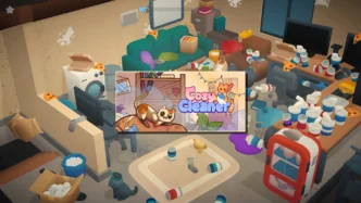 Cozy Cleaner gameplay – une pièce en désordre semée de déchets et d'objets éparpillés par un chat espiègle, avec le logo du jeu de nettoyage relaxant sur PC