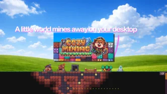 Cozy Mining, jeu idle pixel art sur Steam – un mineur animal creuse sous un village de surface affiché sur un bureau Windows, avec le slogan "A little world mines away on your desktop"