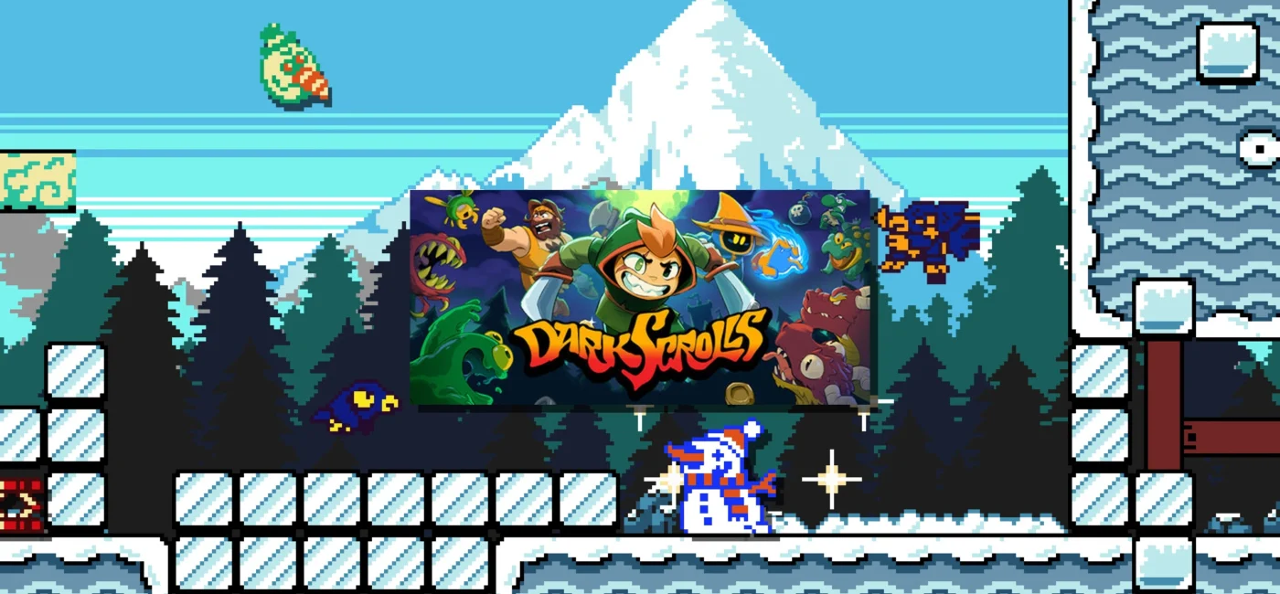 Dark Scrolls gameplay screenshot — niveau de plateforme 2D en pixel art avec le logo du jeu au centre, entouré des personnages héros et des ennemis du roguelite de Doinksoft et Devolver Digital