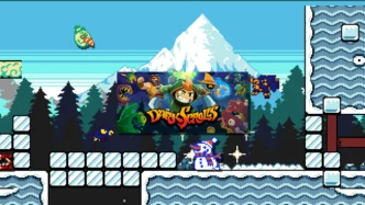 Dark Scrolls gameplay screenshot — niveau de plateforme 2D en pixel art avec le logo du jeu au centre, entouré des personnages héros et des ennemis du roguelite de Doinksoft et Devolver Digital