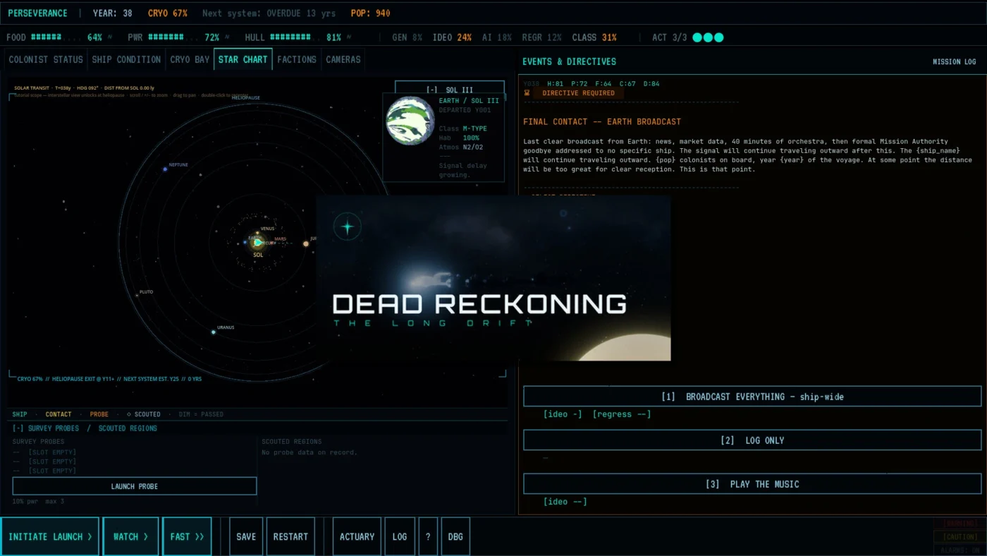 Capture d'écran de Dead Reckoning The Long Drift montrant l'interface Star Chart avec la carte du système solaire, les indicateurs de dérive civilisationnelle et un événement narratif "Final Contact — Earth Broadcast" proposant trois choix de décision au joueur.