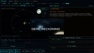 Capture d'écran de Dead Reckoning The Long Drift montrant l'interface Star Chart avec la carte du système solaire, les indicateurs de dérive civilisationnelle et un événement narratif "Final Contact — Earth Broadcast" proposant trois choix de décision au joueur.
