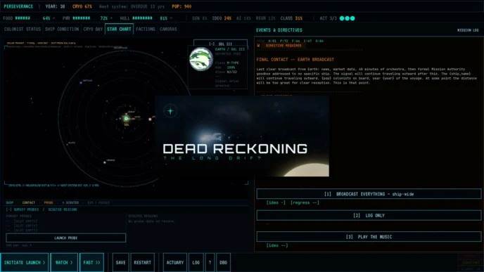 Capture d'écran de Dead Reckoning The Long Drift montrant l'interface Star Chart avec la carte du système solaire, les indicateurs de dérive civilisationnelle et un événement narratif "Final Contact — Earth Broadcast" proposant trois choix de décision au joueur.
