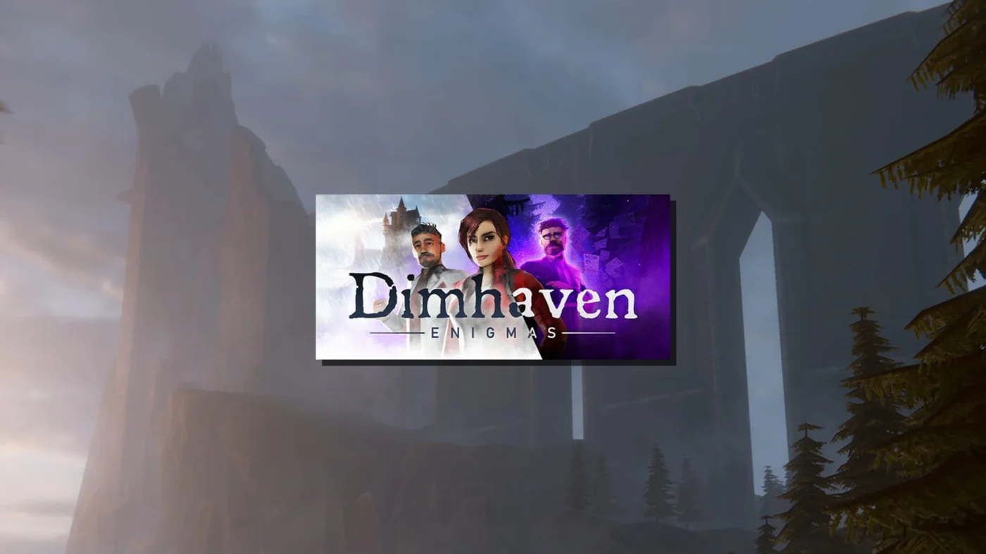 Dimhaven – The Lost Source, jeu d'aventure puzzle à la première personne : affiche officielle avec les personnages principaux dont Emily Ravenstone, sur fond de paysage brumeux et mystérieux