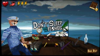 Capture d'écran de Don't Sleep With The Fishes montrant le capitaine sur son radeau de survie avec divers items comme le seau, l'ancre et la fusée, ainsi que l'interface de jeu affichant la santé, la faim et l'énergie.