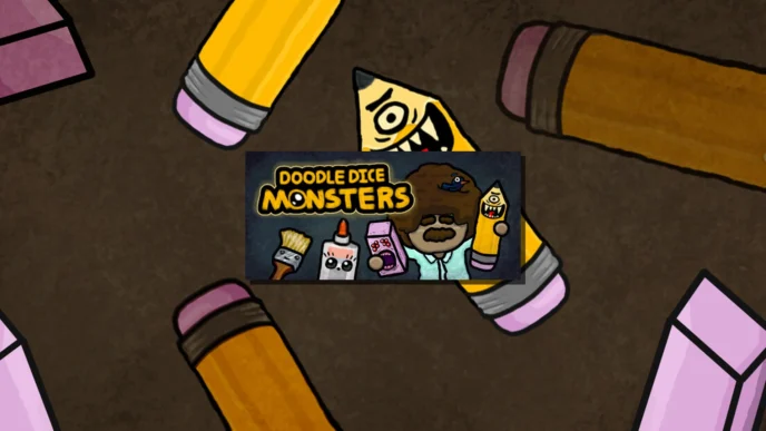 Pochette officielle de Doodle Dice Monsters sur fond de crayons et gommes illustrés, montrant des Doodlemon dessinés à la main dont un personnage aux cheveux bruns et un crayon-monstre aux dents acérées