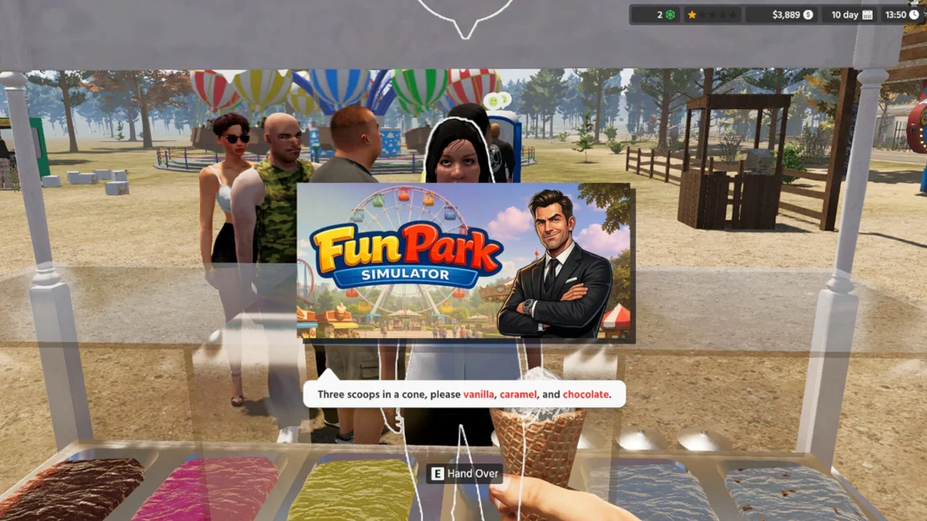 Fun Park Simulator gameplay en vue à la première personne : le joueur sert une glace vanille, caramel et chocolat à un visiteur dans un stand, avec le parc d'attractions visible en arrière-plan.