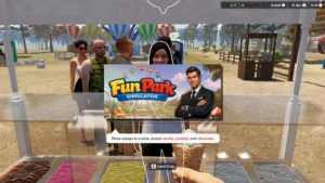 Fun Park Simulator gameplay en vue à la première personne : le joueur sert une glace vanille, caramel et chocolat à un visiteur dans un stand, avec le parc d'attractions visible en arrière-plan.