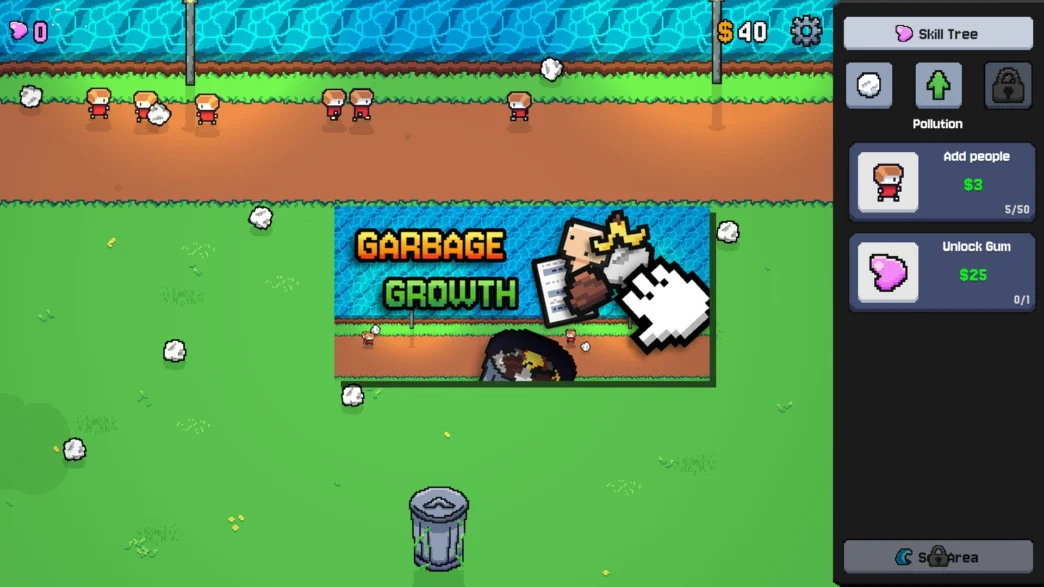 Capture d’écran du jeu Garbage Growth montrant une interface de jeu incrémental avec collecte de déchets, arbre de compétences et progression de pollution.