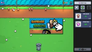 Capture d’écran du jeu Garbage Growth montrant une interface de jeu incrémental avec collecte de déchets, arbre de compétences et progression de pollution.