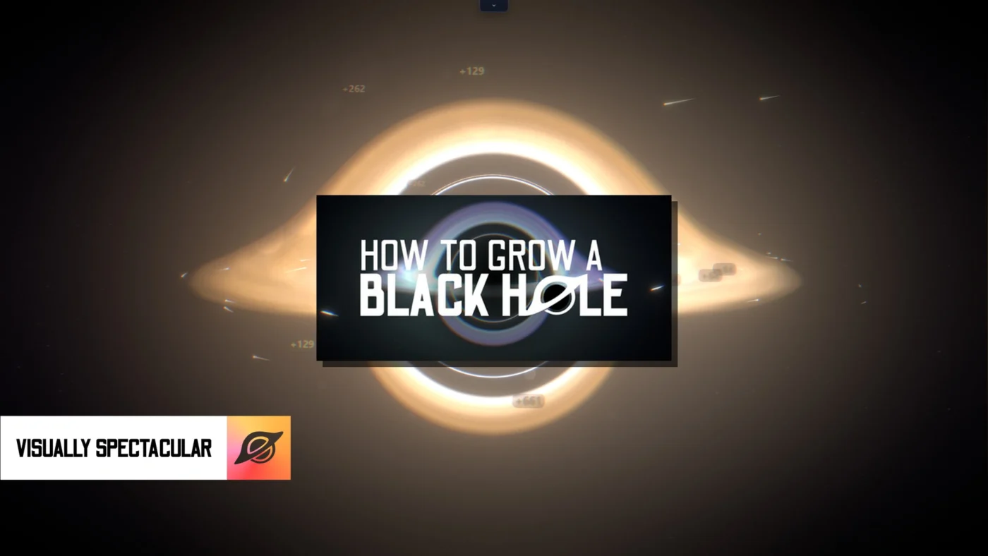 Capture du jeu How To Grow a Black Hole montrant un trou noir lumineux entouré d'un disque d'accrétion doré avec des particules de matière en orbite, accompagné du logo officiel du jeu et de la mention "Visually Spectacular"
