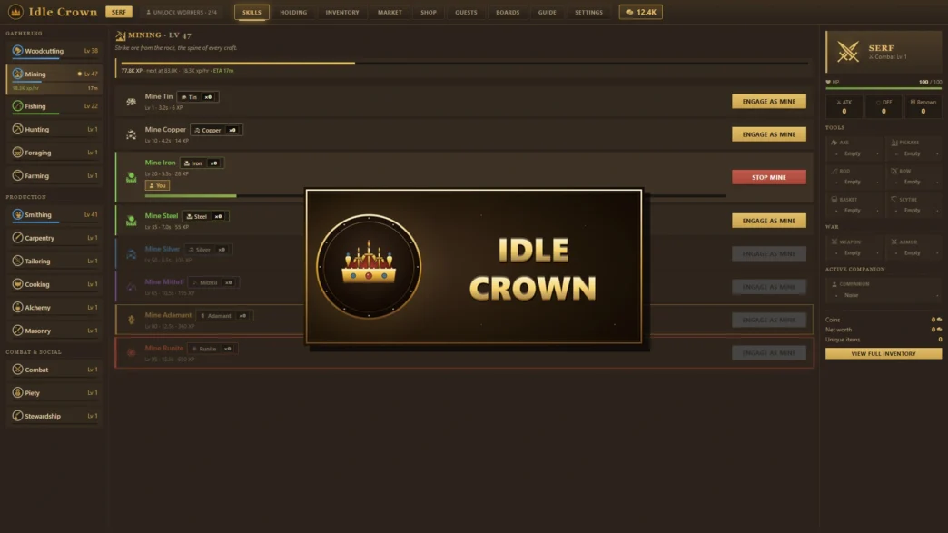 Capture d'écran d'Idle Crown montrant l'interface des compétences avec le Minage au niveau 47, les différentes mines disponibles de l'étain à la Runite, et le panneau de progression du personnage au rang Serf
