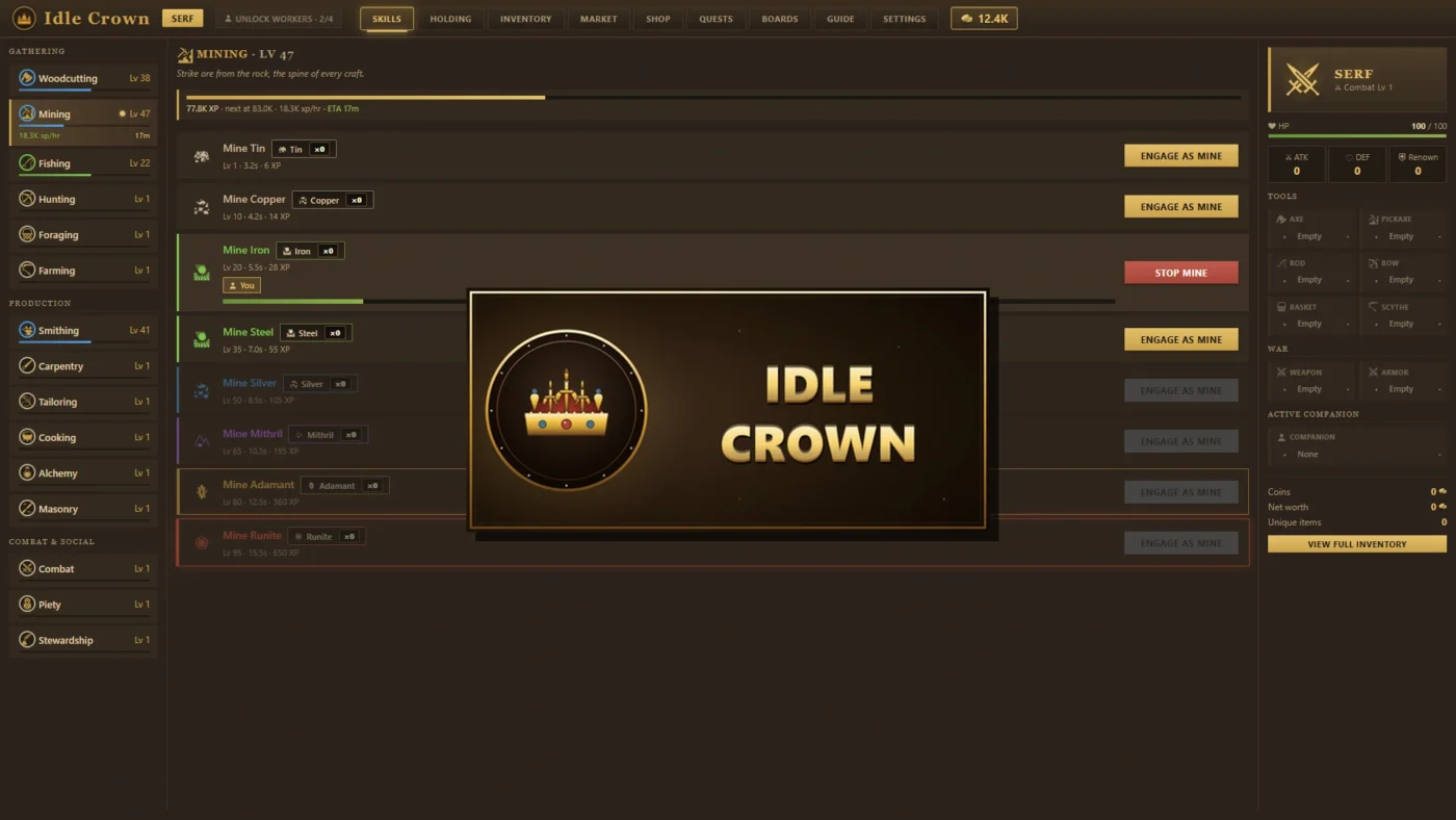 Capture d'écran d'Idle Crown montrant l'interface des compétences avec le Minage au niveau 47, les différentes mines disponibles de l'étain à la Runite, et le panneau de progression du personnage au rang Serf
