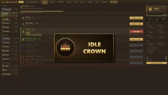Capture d'écran d'Idle Crown montrant l'interface des compétences avec le Minage au niveau 47, les différentes mines disponibles de l'étain à la Runite, et le panneau de progression du personnage au rang Serf