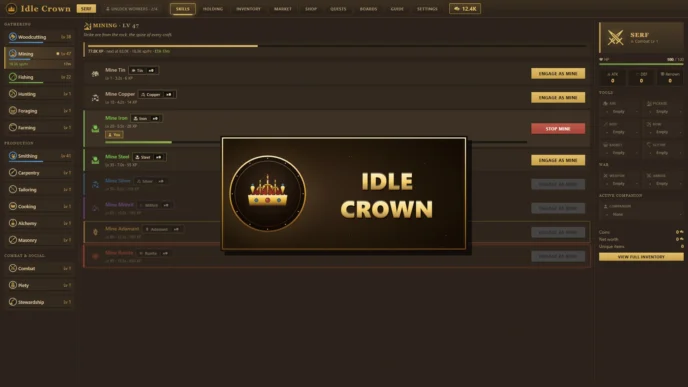 Capture d'écran d'Idle Crown montrant l'interface des compétences avec le Minage au niveau 47, les différentes mines disponibles de l'étain à la Runite, et le panneau de progression du personnage au rang Serf
