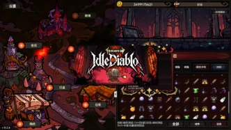 Capture d'écran d'IdleDiablo montrant l'interface du camp de base avec les ateliers Synthèse, Forge et Boutique à gauche, l'écran titre du jeu au centre et l'inventaire d'équipements à droite sur Steam.