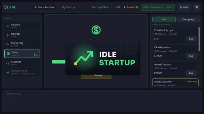 Capture d'écran du jeu idle Idle Startup sur Steam montrant l'interface principale avec les six compétences (Coding, Design, Marketing, Sales niveau 99, Support, Management), les upgrades de la compétence Sales et le logo du jeu sur fond sombre thème Midnight.