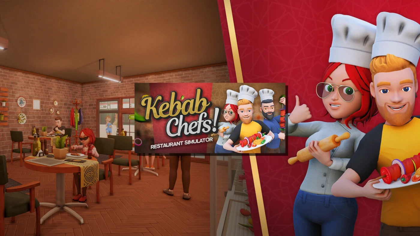 Illustration de Kebab Chefs Restaurant Simulator montrant un restaurant de kebab en 3D, des chefs en coop et une ambiance de simulation de cuisine.