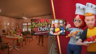 Illustration de Kebab Chefs Restaurant Simulator montrant un restaurant de kebab en 3D, des chefs en coop et une ambiance de simulation de cuisine.