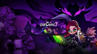Lost Castle 2 – artwork officiel présentant les personnages jouables du jeu beat'em up rogue-lite de Hunter Studio, sur fond de château sombre violet