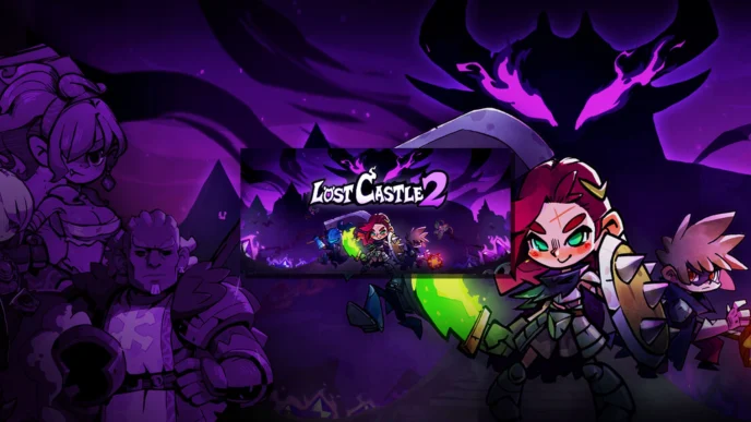 Lost Castle 2 – artwork officiel présentant les personnages jouables du jeu beat'em up rogue-lite de Hunter Studio, sur fond de château sombre violet
