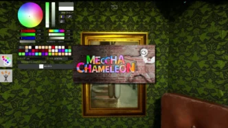 Interface de peinture de MECCHA CHAMELEON avec le sélecteur de couleurs ouvert, un personnage blanc à peindre devant un mur en briques et le logo coloré du jeu affiché à l'écran