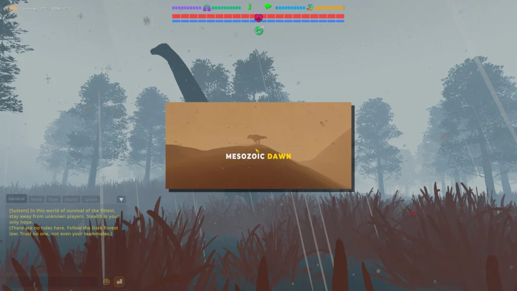 Écran de chargement de Mesozoic Dawn sur PC affichant le logo du jeu avec un dinosaure en silhouette sur fond désertique, barres de vie et indicateurs de survie visibles en haut de l'interface