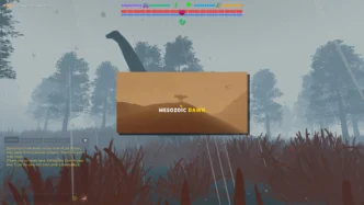 Écran de chargement de Mesozoic Dawn sur PC affichant le logo du jeu avec un dinosaure en silhouette sur fond désertique, barres de vie et indicateurs de survie visibles en haut de l'interface