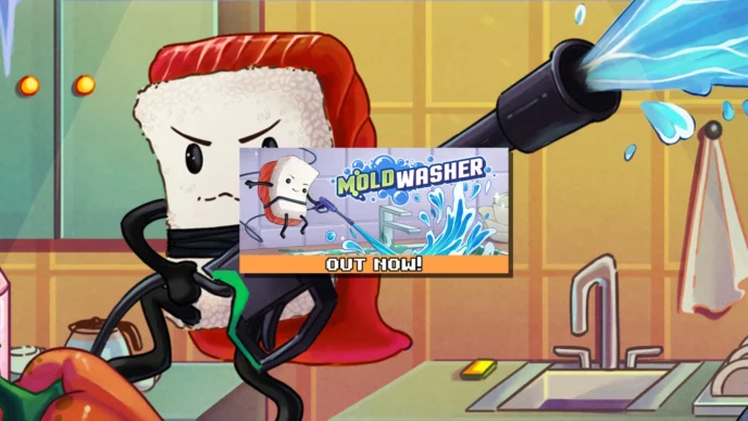 Moldwasher jeu indie Steam 2026 – personnage nigiri sushi armé d'un jet haute pression dans une cuisine colorée, avec le logo du jeu et la mention "Out Now"
